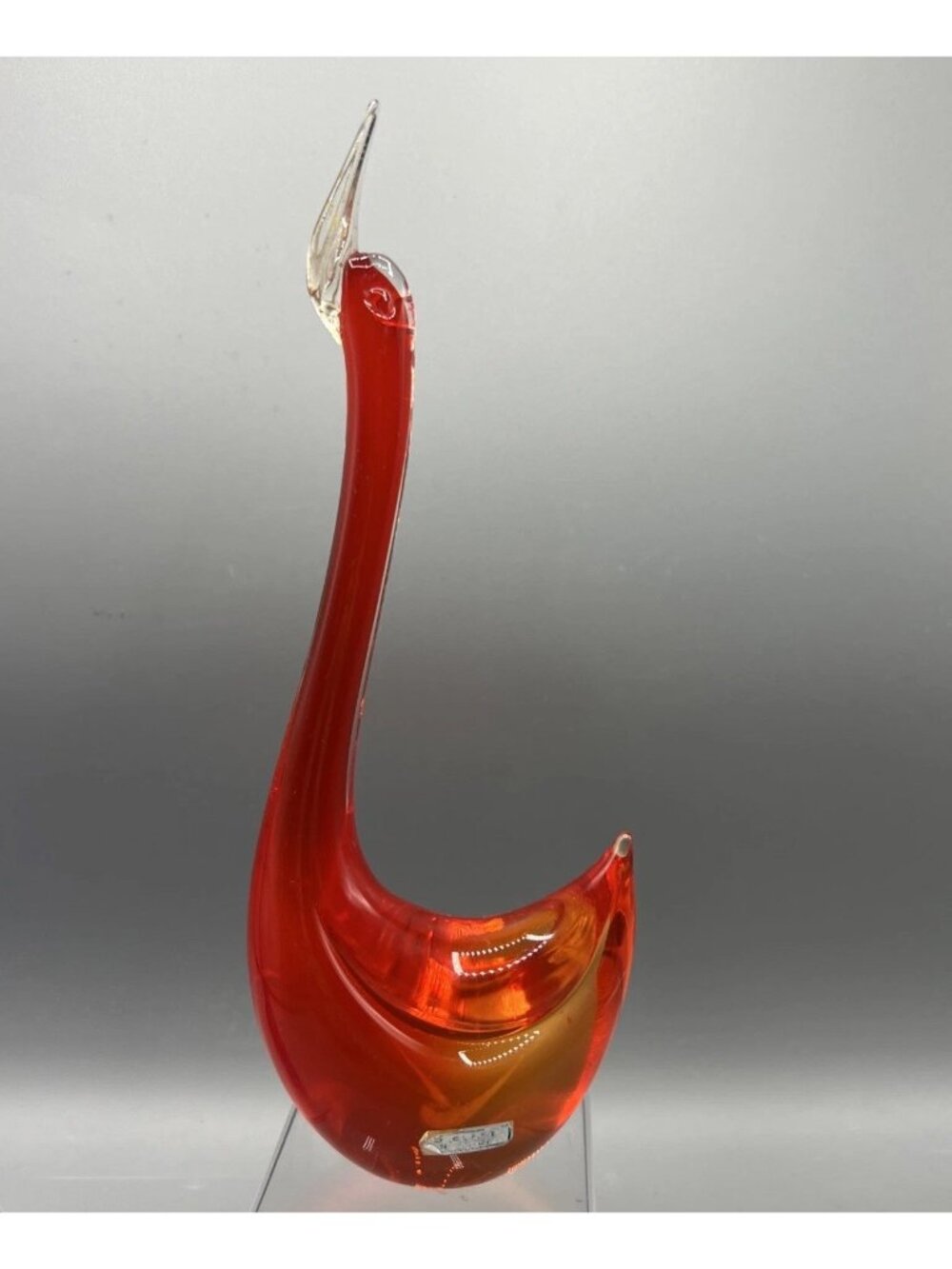 Murano Red Orange Glass Swan w/ Gold Bill Vtg Figurine 9.5 in Long Necked Italy